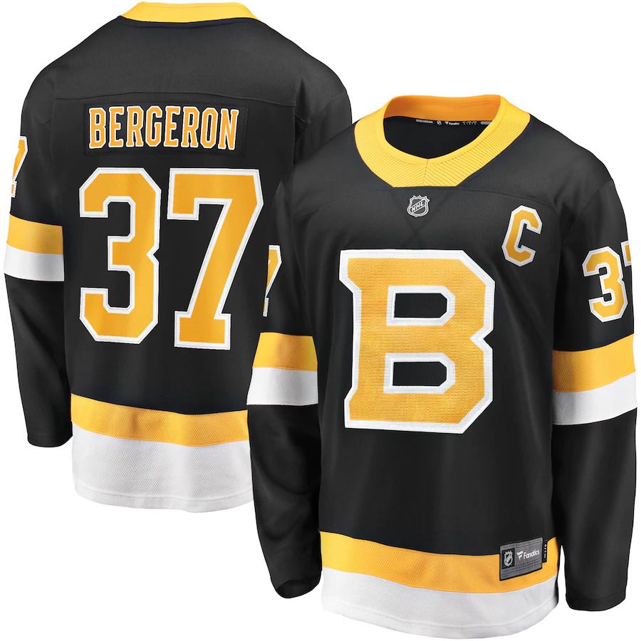 Men Boston Bruins 37 Patrice Bergeron Fanatics Branded Black Captain Alternate Premier Breakaway Player NHL Jersey